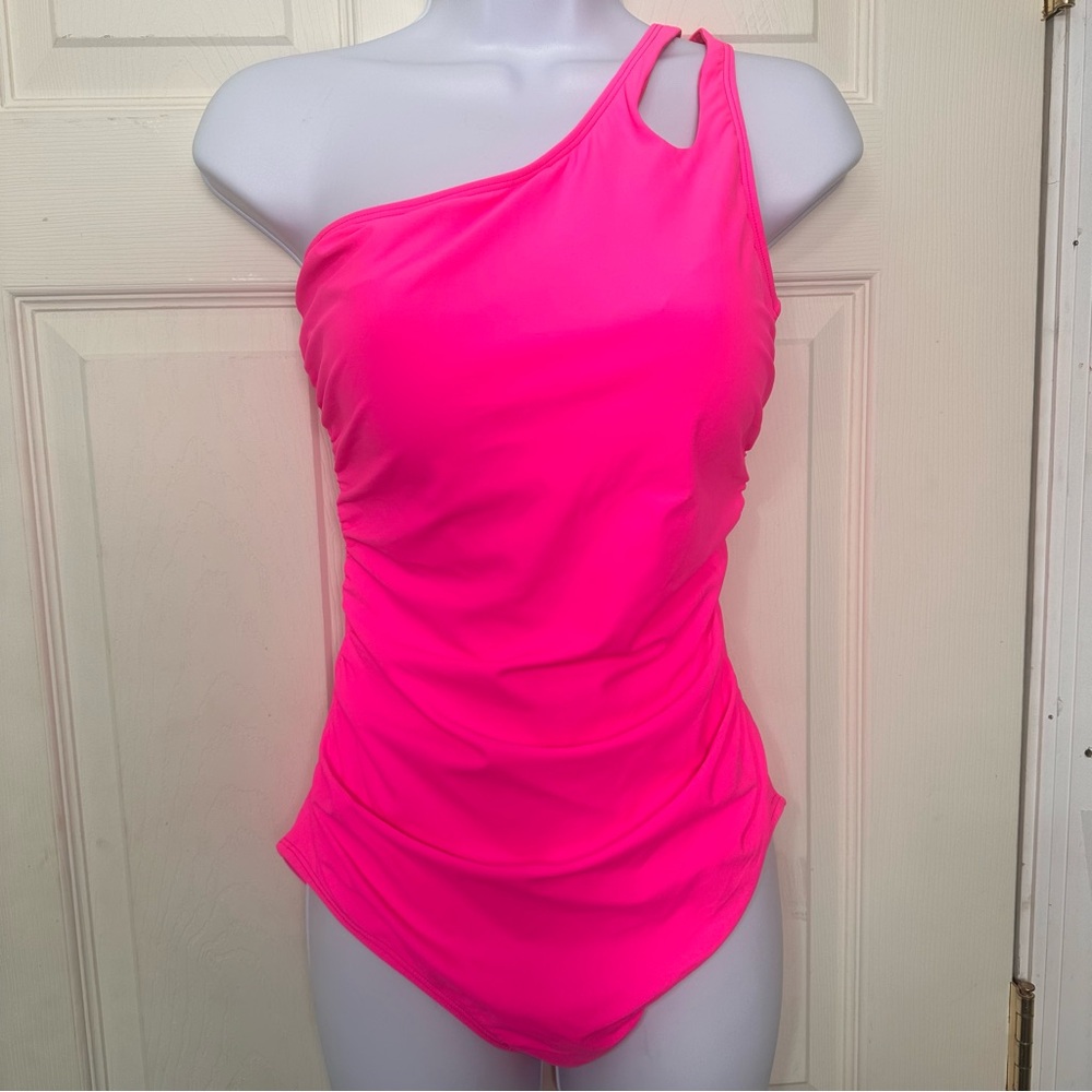 NWT Holipick Ruched Keyhole One Shoulder Ruched One Piece Neon Pink Size Large